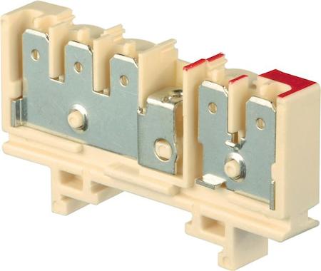 ABB 1SNA160563R0000 beige Railway Terminal Blocks HD6/9.3G.2G 2 circuits. 1 terminal block with 3 tabs for 6,3 x 0,8 mm (.248" x .031") quick connect with possible testing and transverse connection.  1 terminal block with 2 tabs for 6,3 x 0,8 mm (.248" x .031") quick connect, marked in red