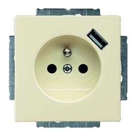 ABB 2011-0-6192 Розетка Schuko с устройством зарядным USB, 20 EUCBUSB-92-500, Basic55 слоновая кость, 16А, 700 мА, электронная защита от перегрузки КЗ, безвинтовые клеммы, защитные шторки,