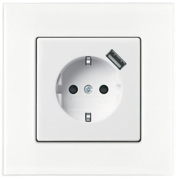 ABB 2011-0-6196 Розетка Schuko с устройством зарядным USB, 20 EUCBUSB-96-500, Basic55 chalet-белый, 16А, 700 мА, электронная защита от перегрузки и КЗ, безвинтовые клеммы, защитные шторки,