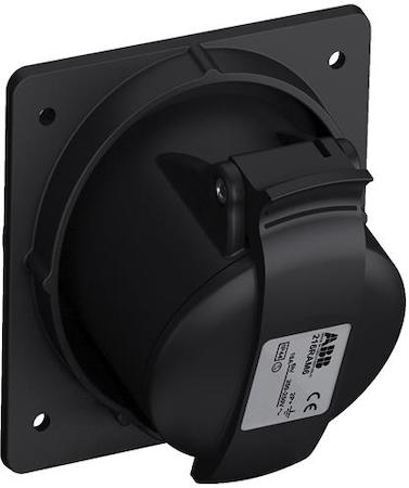 ABB 2CMA100543R1000 Black Socket-outlet, panel mounting, earthing sleeve position 6h, rated current 16A, IP44 splashproof, minimized flange, angled, 2-poles+earth, frequency 50-60 Hz, color code Blue