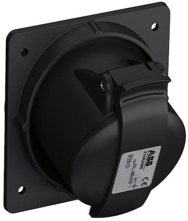 ABB 2CMA100544R1000 Black Socket-outlet, panel mounting, earthing sleeve position 6h, rated current 16A, IP44 splashproof, minimized flange, angled, 3-poles+earth, frequency 50-60 Hz, color code Red