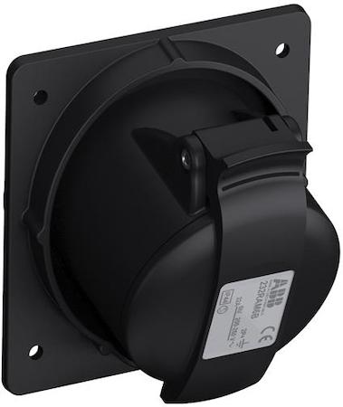ABB 2CMA100546R1000 Black Socket-outlet, panel mounting, earthing sleeve position 6h, rated current 32A, IP44 splashproof, minimized flange, angled, 2-poles+earth, frequency 50-60 Hz, color code Blue
