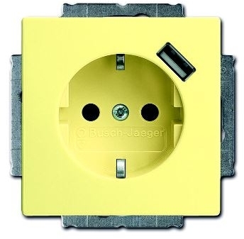 ABB 2011-0-6181 Розетка Schuko с устройством зарядным USB, 20 EUCBUSB-815-500, Solo жёлтый(сахара), 16А, 700 мА, электронная защита от перегрузки и КЗ, безвинтовые клеммы, защитные шторки,