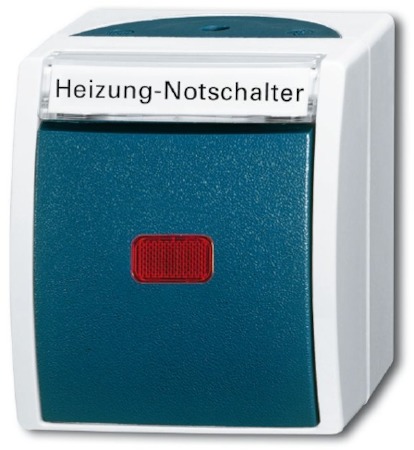 ABB 1085-0-1609 Переключатель 1-клавишный, контрольный, с красной линзой, с маркировкой Heizung-Notschalter, IP44, для открытого монтажа, серия ocean, цвет серый/сине-зелёный