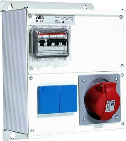 ABB 2CMA100019R1000 Modular Combi Metal (Enclosure of aluminium with fronts of galvanised steel)One 16A (346-415V) outlet (3P+N+E) and two schuko outlets (1P+E) 10/16A (250 V).MCB S201 C16  and S203 C16Covered top. Multi flange FL21 down