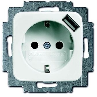 ABB 2011-0-6175 Розетка Schuko с устройством зарядным USB, 20 EUCBUSB-214-500, Reflex альпийский белый, 16А, 700 мА, электронная защита от перегрузк и КЗ, безвинтовые клеммы, защитные шторки,