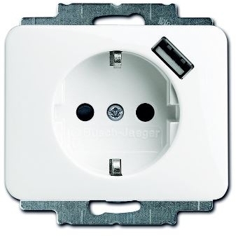 ABB 2011-0-6189 Розетка Schuko с устройством зарядным USB, 20 EUCBUSB-24G-500, Alpha алебастр (белый глянец), 16А, 700 мА, электронная защита от перегрузки и КЗ, безвинтовые клеммы, защитные шторки,