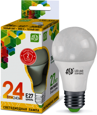 4690612014265 Лампа светодиодная LED-A60-standard 24Вт 230В  Е27 3000К 2160Лм ASD