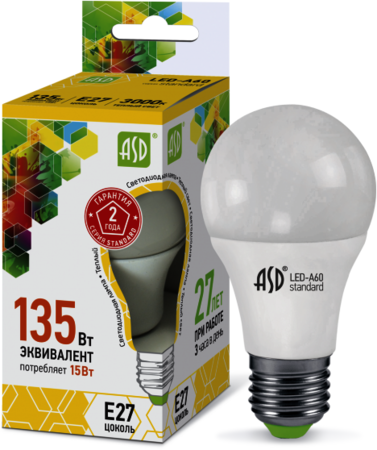 4690612002088 Лампа светодиодная LED-A60-standard 15Вт 230В Е27 3000К 1350Лм ASD