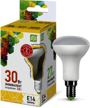 4690612001494 Лампа светодиодная LED-R50-standard 3Вт 230В Е14 3000К 270Лм ASD