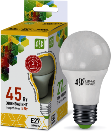 4690612001654 Лампа светодиодная LED-A60-standard 5Вт 230В Е27 3000К 450Лм ASD