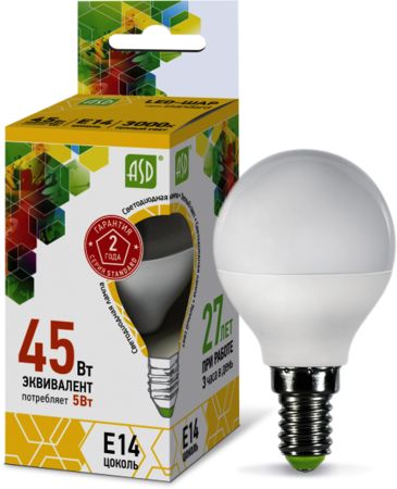 4690612002125 Лампа светодиодная LED-ШАР-standard 5Вт 230В Е14 3000К 450Лм ASD
