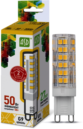 4690612004594 Лампа светодиодная LED-JCD-standard 5Вт 230В G9 3000К 450Лм ASD