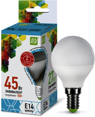 4690612002149 Лампа светодиодная LED-ШАР-standard 5Вт 230В Е14 4000К 450Лм ASD