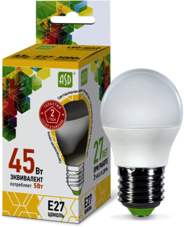 4690612002163 Лампа светодиодная LED-ШАР-standard 5Вт 230В Е27 3000К 450Лм ASD