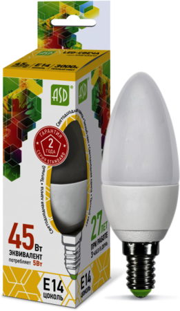 4690612002200 Лампа светодиодная LED-СВЕЧА-standard 5Вт 230В Е14 3000К 450Лм ASD