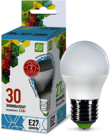 4690612002040 Лампа светодиодная LED-ШАР-standard 3.5Вт 230В Е27 4000К 320Лм ASD