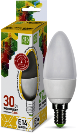 4690612000381 Лампа светодиодная LED-СВЕЧА-standard 3.5Вт 230В Е14 3000К 320Лм ASD