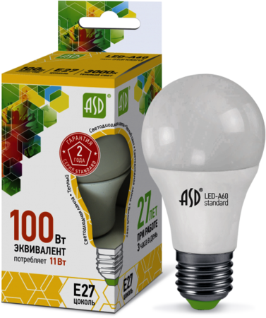 4690612001739 Лампа светодиодная LED-A60-standard 11Вт 230В Е27 3000К 990Лм ASD