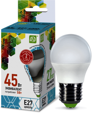 4690612002187 Лампа светодиодная LED-ШАР-standard 5Вт 230В Е27 4000К 450Лм ASD