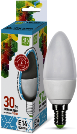 4690612002057 Лампа светодиодная LED-СВЕЧА-standard 3.5Вт 230В Е14 4000К 320Лм ASD