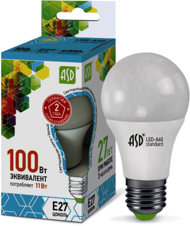4690612001715 Лампа светодиодная LED-A60-standard 11Вт 230В Е27 4000К 990Лм ASD