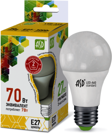4690612001692 Лампа светодиодная LED-A60-standard 7Вт 230В Е27 3000К 630Лм ASD