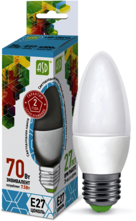 4690612003955 Лампа светодиодная LED-СВЕЧА-standard 7.5Вт 230В Е27 4000К 675Лм ASD 