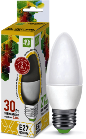 4690612003887 Лампа светодиодная LED-СВЕЧА-standard 3.5Вт 230В Е27 3000К 320Лм ASD