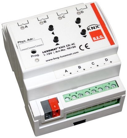 BEG 90180 Диммер KNX, 4-канальный, выход 1-10 В, релейный выход 230 В~ - 16А, на DIN рейку, 4TE  / IP20 / белый