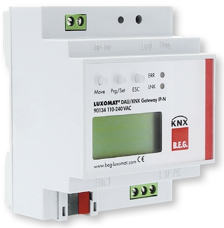 BEG 90134 Шлюз DALI/KNX, WEB-сервер, 1х порт RJ45 (Ethernet), до 16 групп управления (до 64 устройств), до 16 сценариев освещения, ЖК дисплей, кнопки ручного управления, электропитание 110-220В~, на DIN рейку, 4TE / IP20 / белый