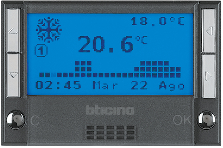 BTicino HS4451 Ax. Электронный программируемый термостат, 7 программ, выходной переключающий контакт 5 (3) А, 3 модуля, цвет антрацит