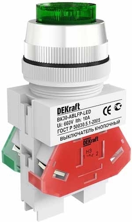 DEKraft 25047DEK Выкл. кноп. ABLFP ?30 мм Цвет:ЗЕЛЕНЫЙ LED 220В ВK-30 DEKra