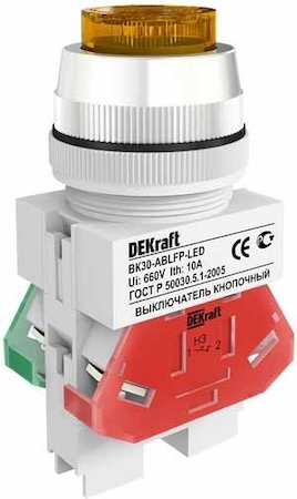 25049DEK Выкл. кноп. ABLFP ?30 мм Цвет:ЖЕЛТЫЙ LED 220В ВK-30 DEKraft