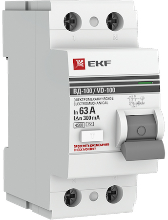 Фото EKF elcb-2-63-300-em-pro Выключатель дифференциального тока (УЗО) 2п 63А 300мА тип A ВД-100 PROxima (электромех.)