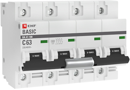 mcb47100-4-63C-bas Автоматический выключатель 4P  63А (C) 10kA ВА 47-100 EKF Basic