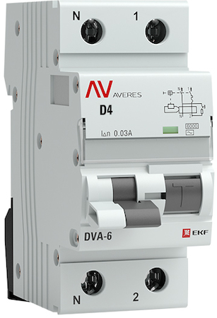 rcbo6-1pn-4D-30-ac-av Дифференциальный автомат DVA-6 1P+N  4А (D)  30мА (AC) 6кА EKF AVERES
