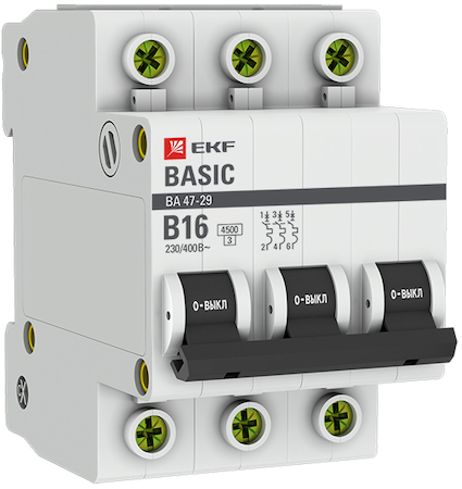 mcb4729-3-16-B Автоматический выключатель 3P 16А (B) 4,5кА ВА 47-29 EKF Basic