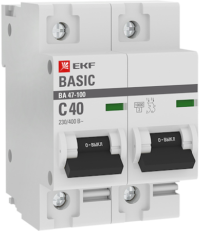 mcb47100-2-40C-bas Автоматический выключатель 2P  40А (C) 10kA ВА 47-100 EKF Basic