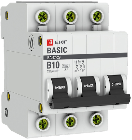 mcb4729-3-10-B Автоматический выключатель 3P 10А (B) 4,5кА ВА 47-29 EKF Basic