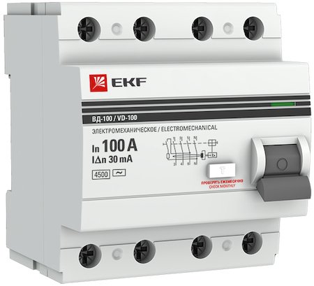 elcb-4-100-30-em-pro Устройство защитного отключения УЗО ВД-100 4P 100А/ 30мА (электромеханическое) EKF PROxima