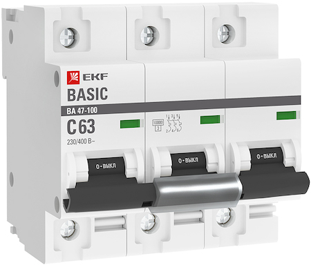 mcb47100-3-63C-bas Автоматический выключатель 3P  63А (C) 10kA ВА 47-100 EKF Basic