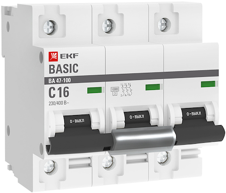 mcb47100-3-16C-bas Автоматический выключатель 3P  16А (C) 10kA ВА 47-100 EKF Basic
