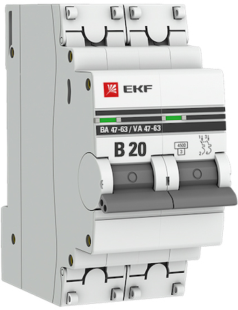 mcb4763-2-20B-pro Автоматический выключатель 2P 20А (В) 4,5kA ВА 47-63 EKF PROxima