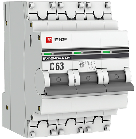 mcb4763m-6-3-63C-pro Автоматический выключатель 3P 63А (C) 6кА ВА 47-63M c электромагнитным расцепителем EKF PROxima