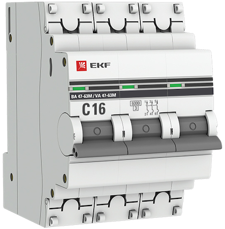 mcb4763m-6-3-16C-pro Автоматический выключатель 3P 16А (C) 6кА ВА 47-63M c электромагнитным расцепителем EKF PROxima