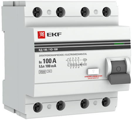 elcb-4-100-100-em-pro Устройство защитного отключения УЗО ВД-100 4P 100А/100мА (электромеханическое) EKF PROxima