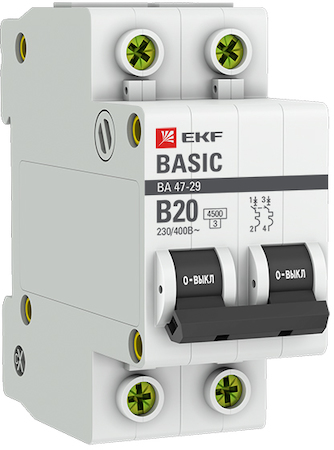 mcb4729-2-20-B Автоматический выключатель 2P 20А (B) 4,5кА ВА 47-29 EKF Basic