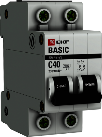 Фото EKF mcb4729-2-40C Выключатель автоматический модульный 2п C 40А 4.5кА ВА 47-29 Basic