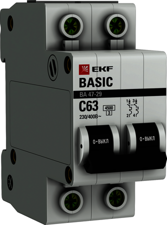 Фото EKF mcb4729-2-63C Выключатель автоматический модульный 2п C 63А 4.5кА ВА 47-29 Basic